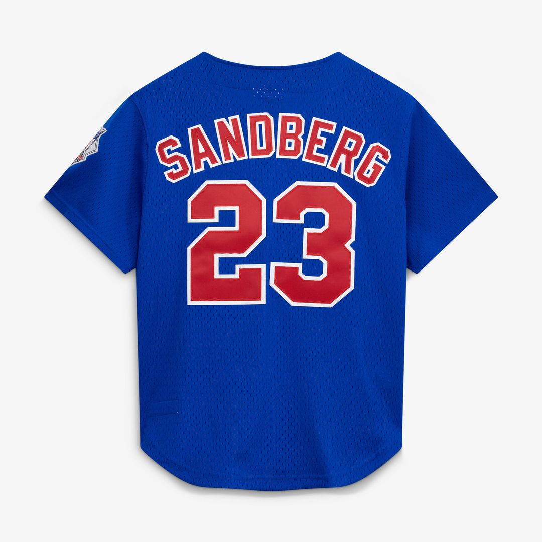 Chicago Cubs Ryne Sandberg | Mitchell & Ness Royal Cooperstown Collection 1997 Mesh Batting Practice Button-Up Jersey