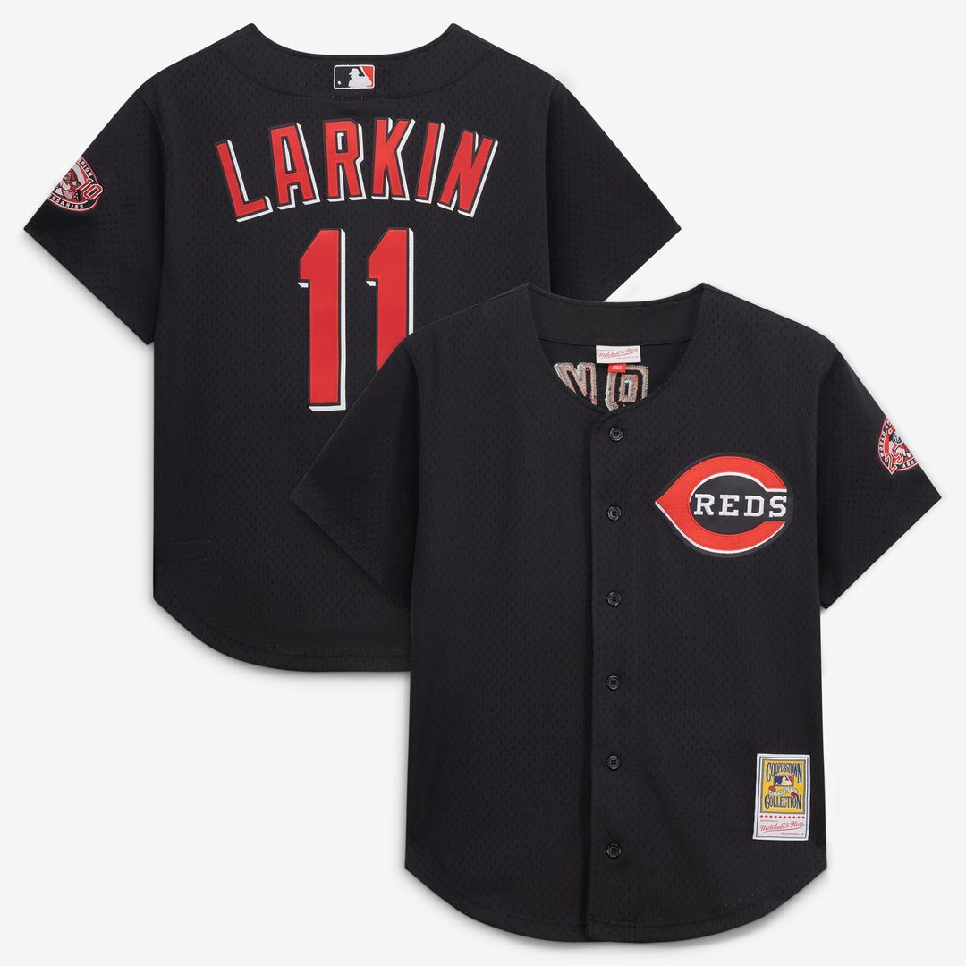 Cincinnati Reds Barry Larkin | Mitchell & Ness Black Cooperstown Collection Mesh Batting Practice Button-Up Jersey
