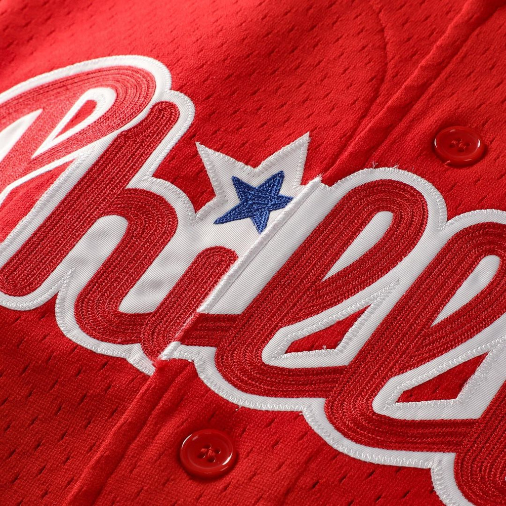 Philadelphia Phillies Jimmy Rollins | Mitchell & Ness Red Cooperstown Mesh Batting Practice Button-Up Jersey