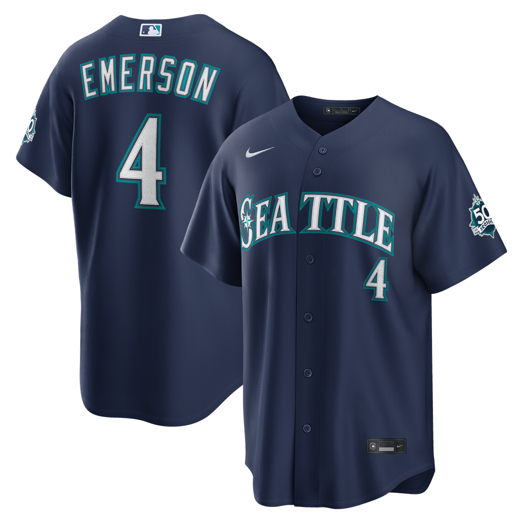 Seattle Mariners Colt Emerson | Nike Navy Road 50th Season Anniversary Patch Stadium Jersey